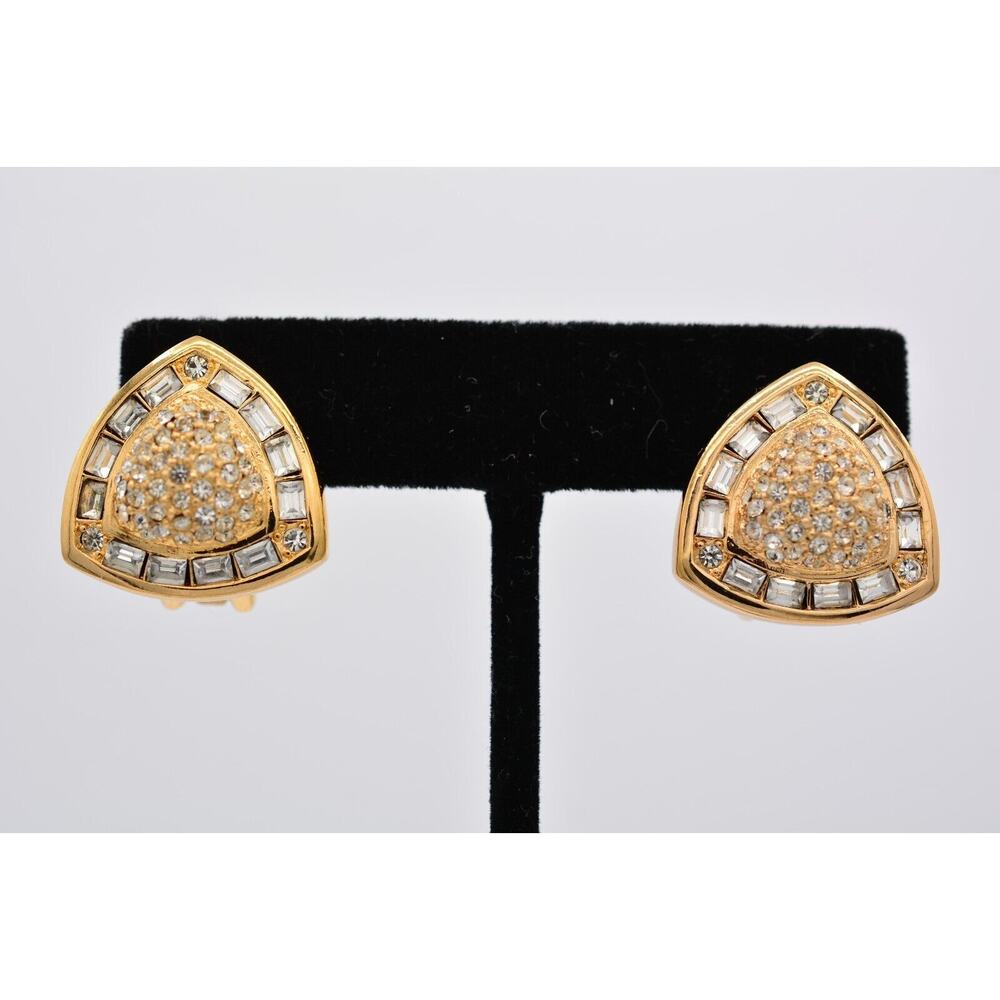 Christian Dior Vintage Crystal Clip On Earrings Baguette Gold Signed 1980s BinAV
